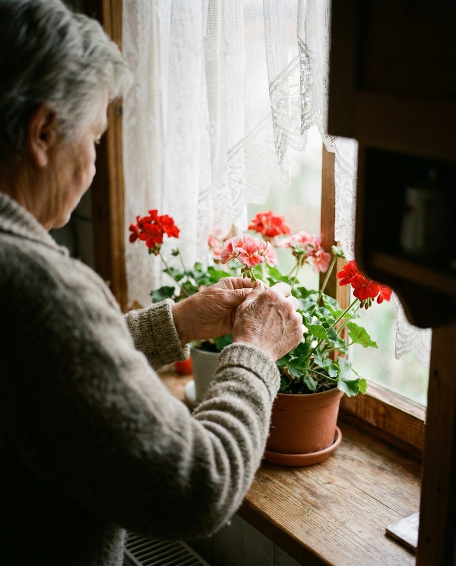 Ältere Frau versorgt Geranien am Küchenfenster