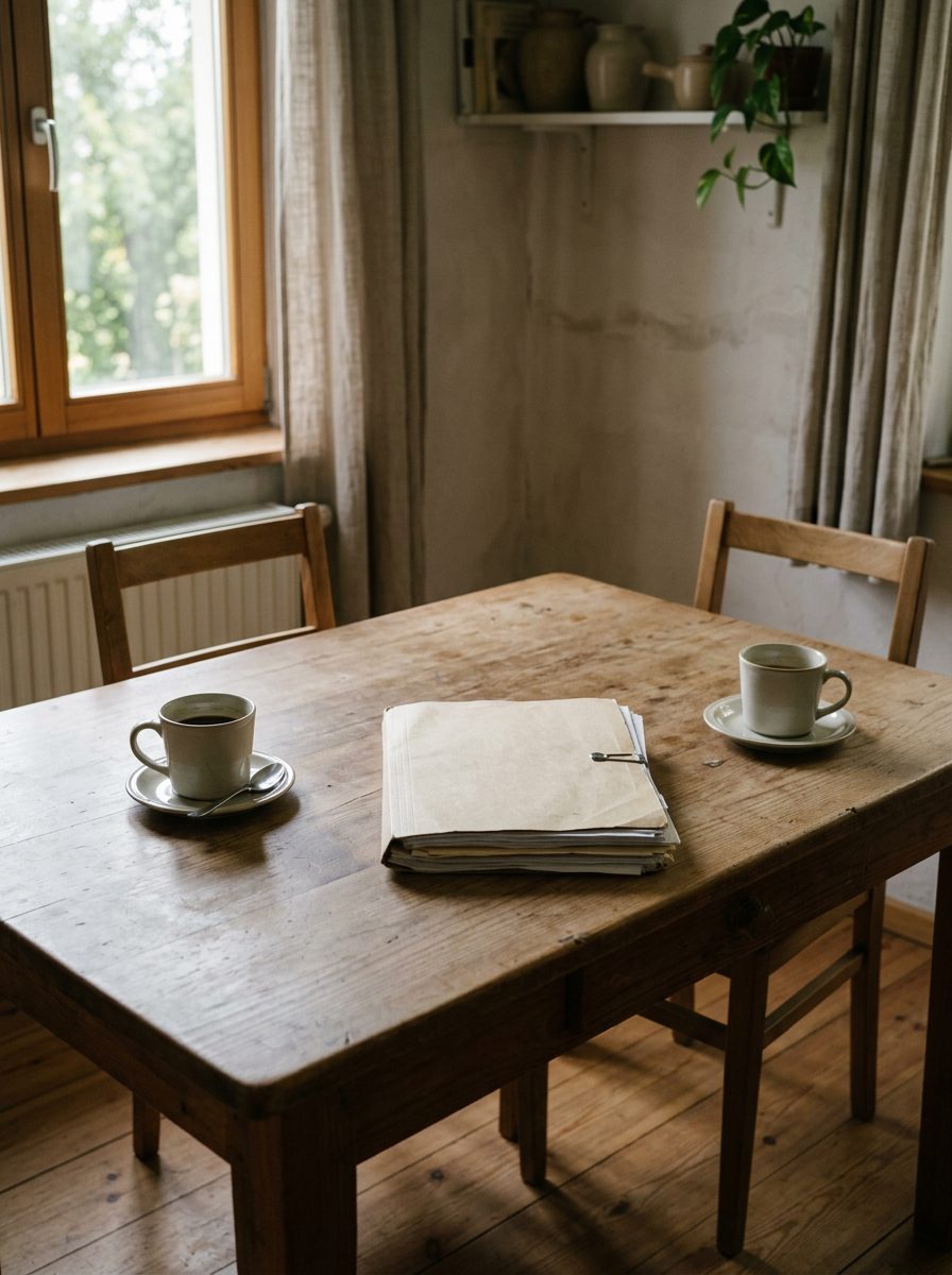 Zwei Kaffeetassen an gegenüberliegenden Enden eines Küchentischs
