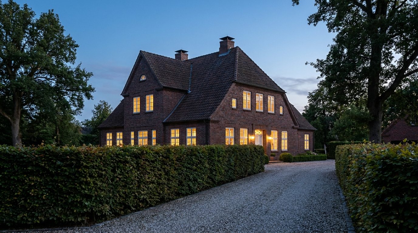 Klinker-Landhaus zur blauen Stunde