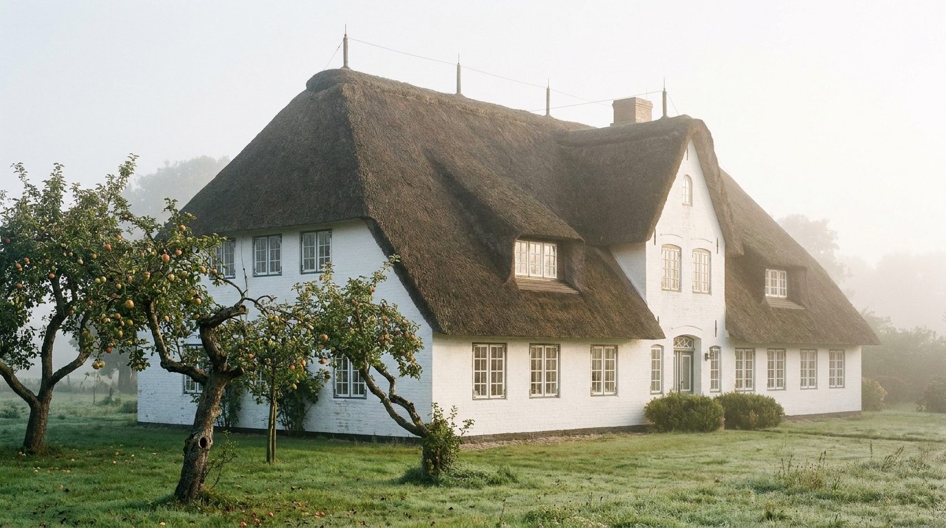 Reetdachhaus im Morgennebel